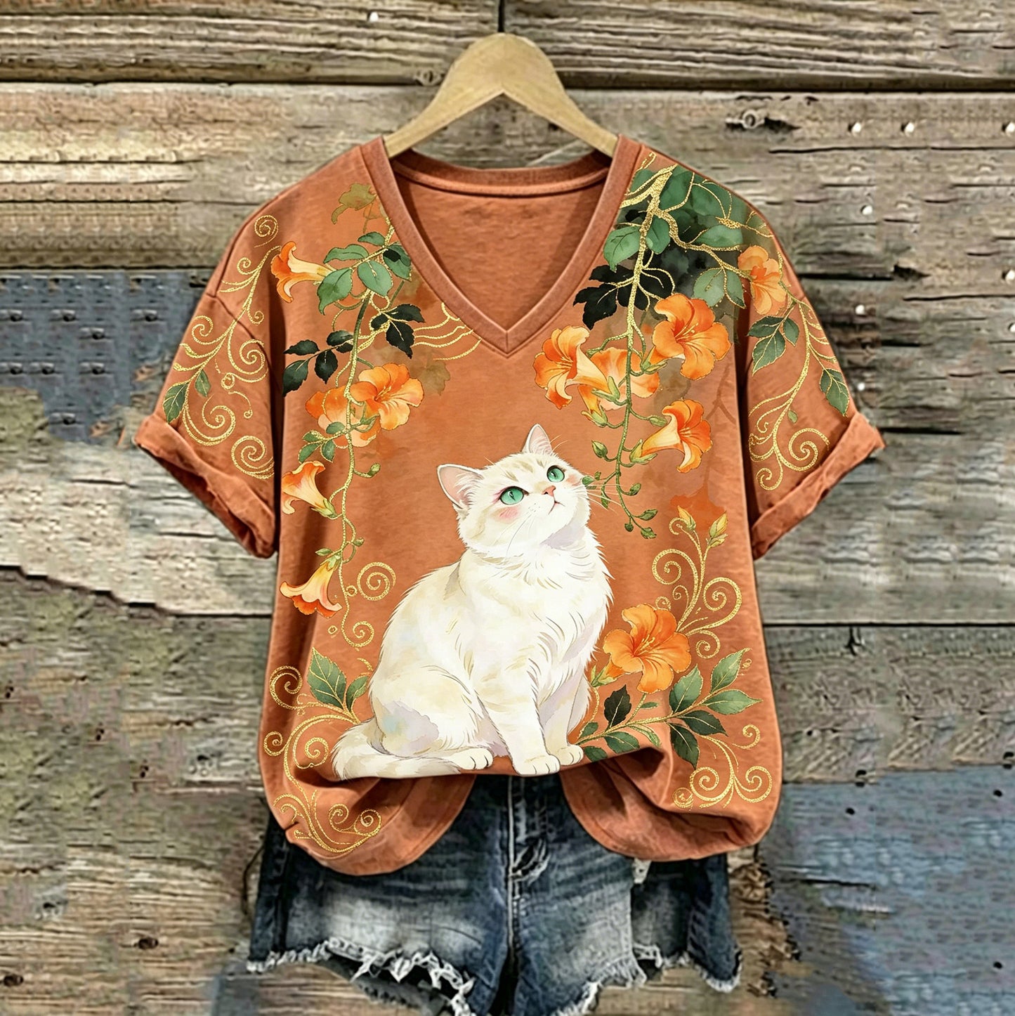 Cardydony Retro Cute Cat And Floral Pattern Casual T-shirt