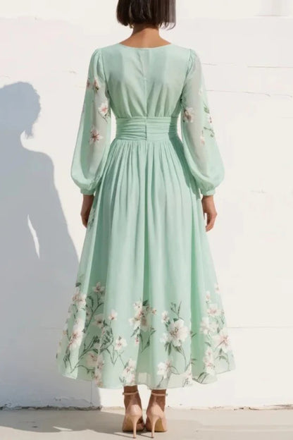 Cardydony Women's  Floral Print V-neck Long-sleeved Fitted Waist Casual Maxi Dress