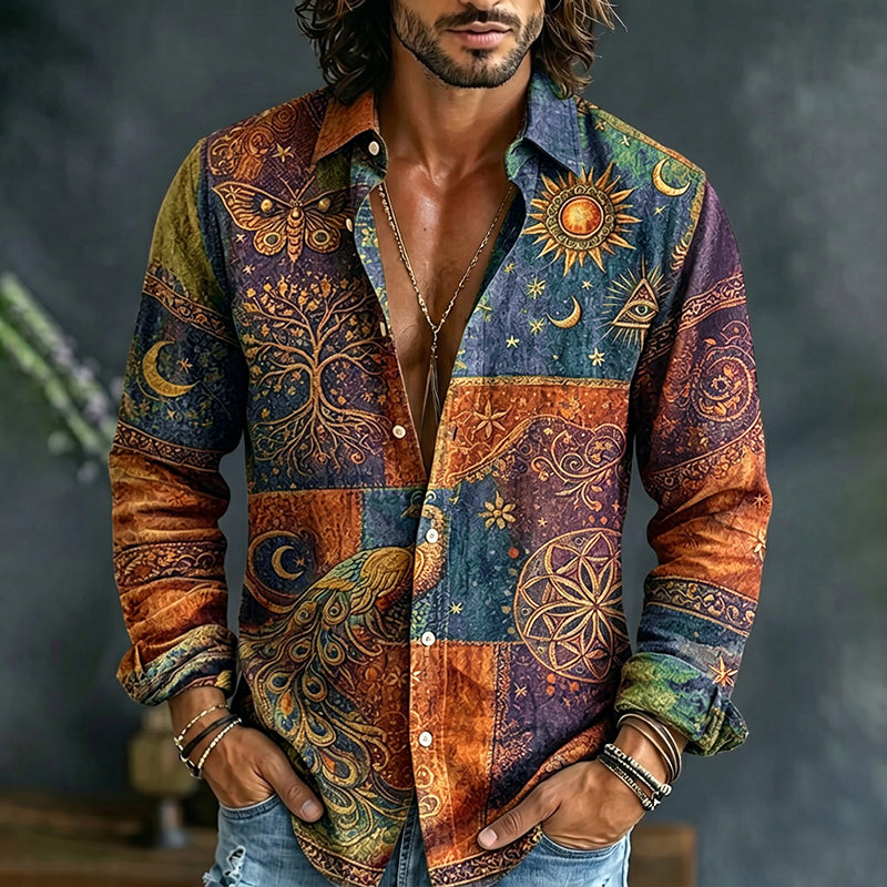 Cardydony Men's Mystical Hippie Style Peacock Sun And Moon Art Print Long Sleeve Shirt