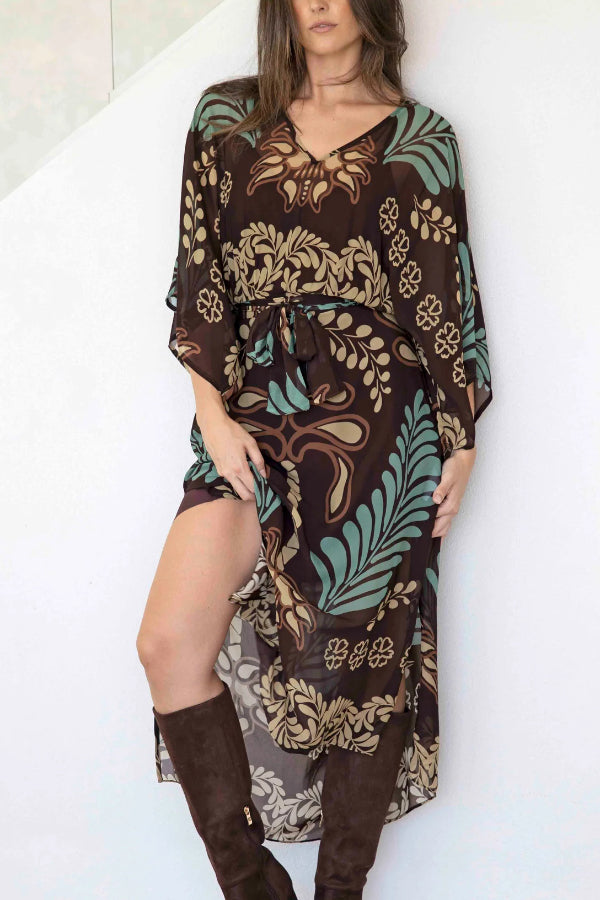 Cardydony Women's Bohemian Style Unique Printed Chiffon Loose-fitting Belted Maxi Dress