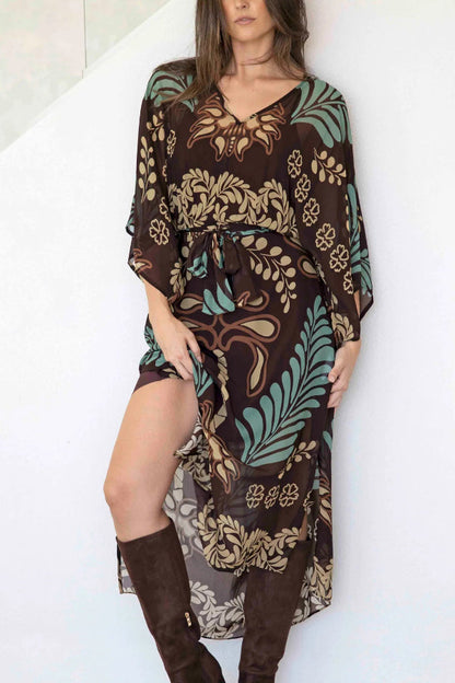 Cardydony Women's Bohemian Style Unique Printed Chiffon Loose-fitting Belted Maxi Dress