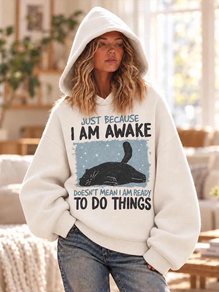 Cardydony Women's Cream Lazy Black Cat Slogan Graphic Oversized Pullover Hoodie
