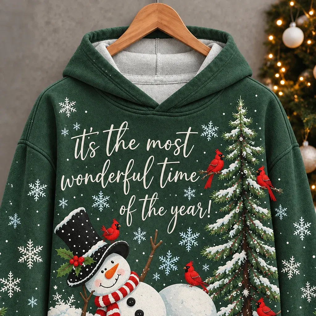 Cardydony Women's Festive Snowman Cardinal Christmas Tree Print Relaxed Fit Green Pullover Hoodie