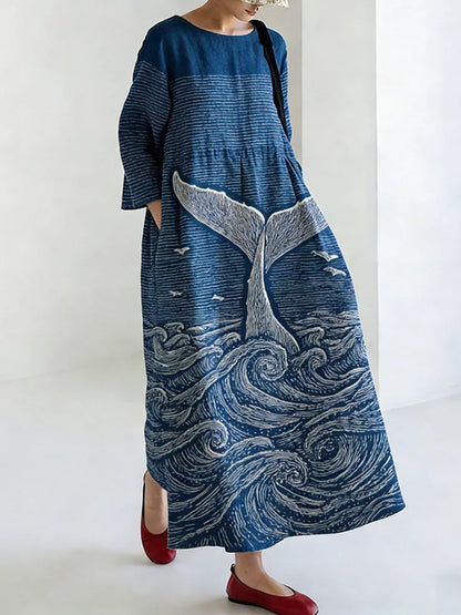 Cardydony Women's Japanese Art Ocean Pattern Linen Dress