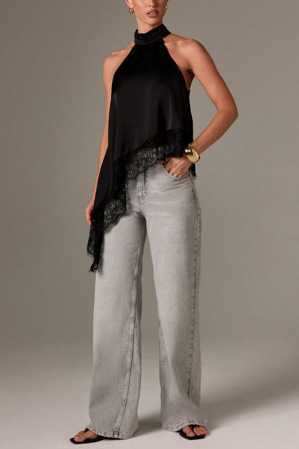 Cardydony Women's Solid Color Satin Sleeveless Lace Hem Loose Top
