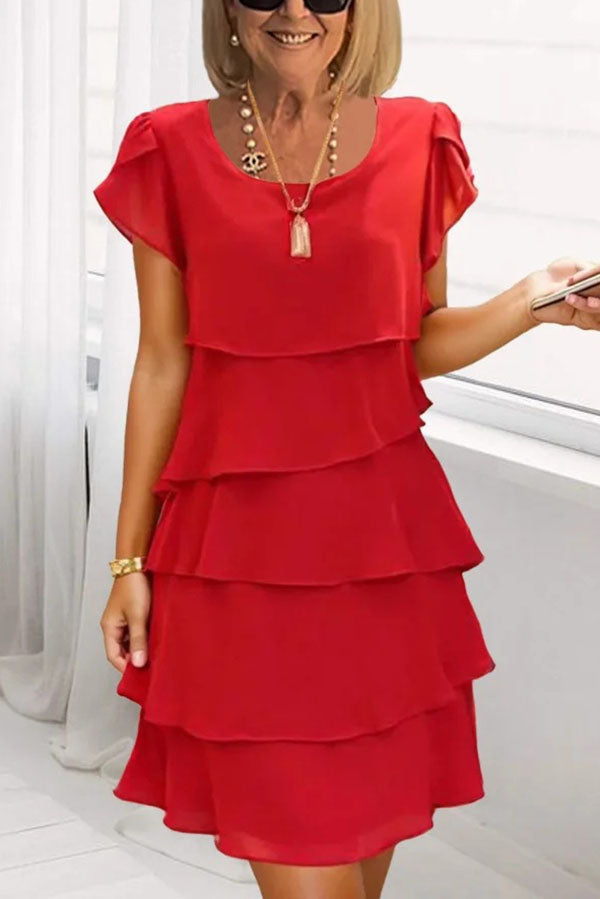 Cardydony Women's Solid Color Round Neck Short Sleeve Casual Multi-Layered Mini Dress