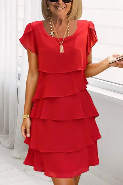 Cardydony Women's Solid Color Round Neck Short Sleeve Casual Multi-Layered Mini Dress