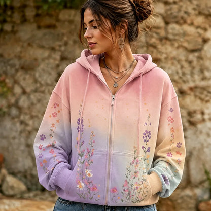 Cardydony Women's Full-zip Hoodie Sweatshirt With Pastel Gradient, Paw Prints, And Wildflower Graphic Print