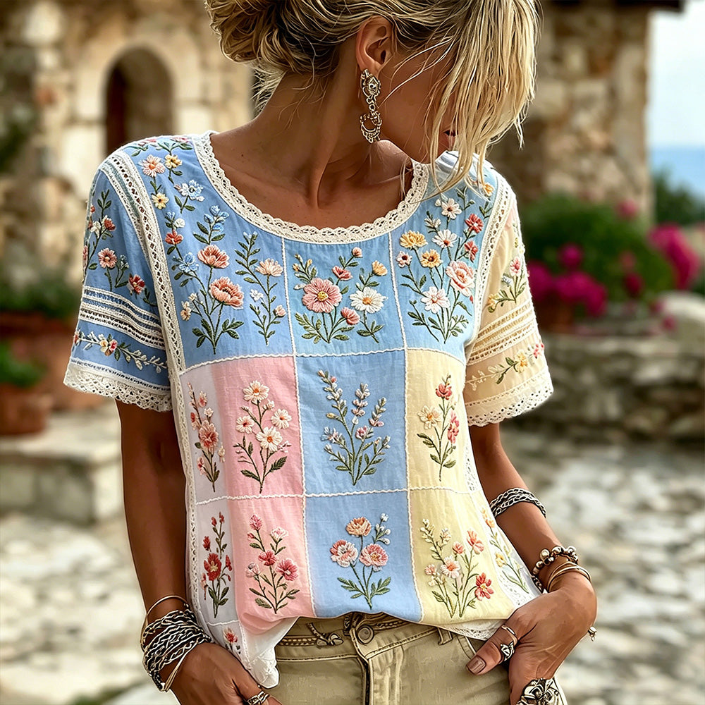 Cardydony Women's Floral And Lace Art Embroidery Spliced Vintage Casual Short Sleeve Top