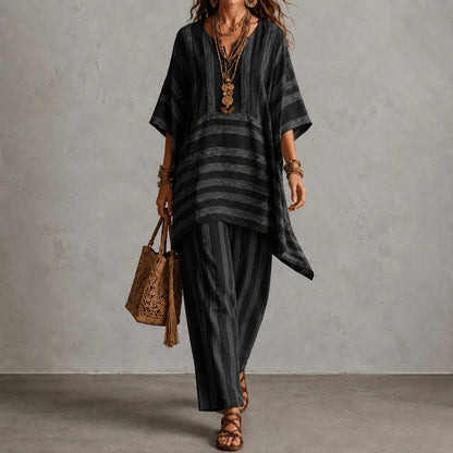 Cardydony Elegance V-neck Loose Striped Top + Loose Wide-leg Pants Two-piece Set