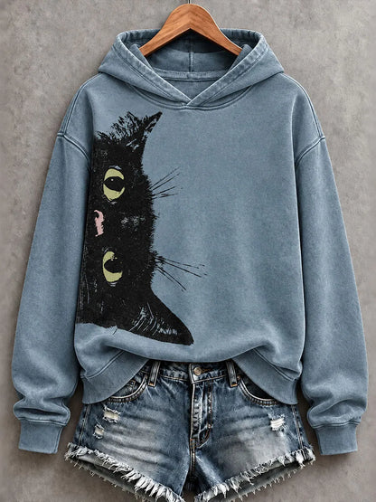 Cardydony Women's Retro Black Cat Print Hoodie