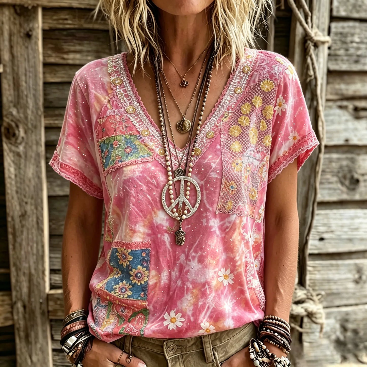 Cardydony Women's Retro Floral Art Peace Symbol Embroidery Cotton Linen V-neck T-shirt