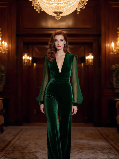 Cardydony Retro Elegant V Neck Velvet Jumpsuit