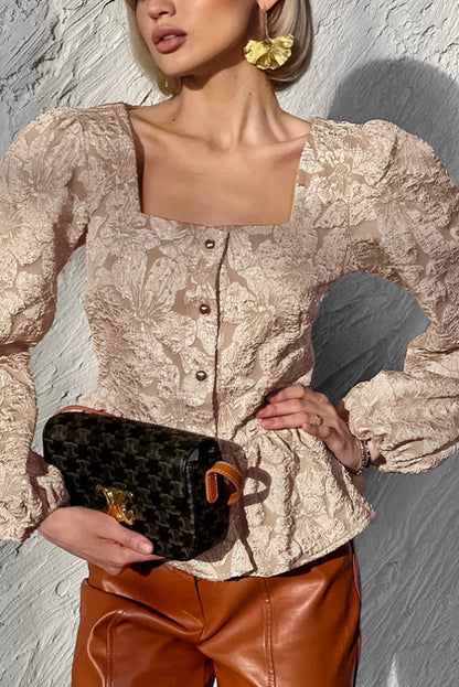 Cardydony Women's  Solid Color Jacquard Square Neck Puff Sleeve Elegant Button Top