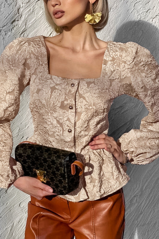 Cardydony Women's  Solid Color Jacquard Square Neck Puff Sleeve Elegant Button Top