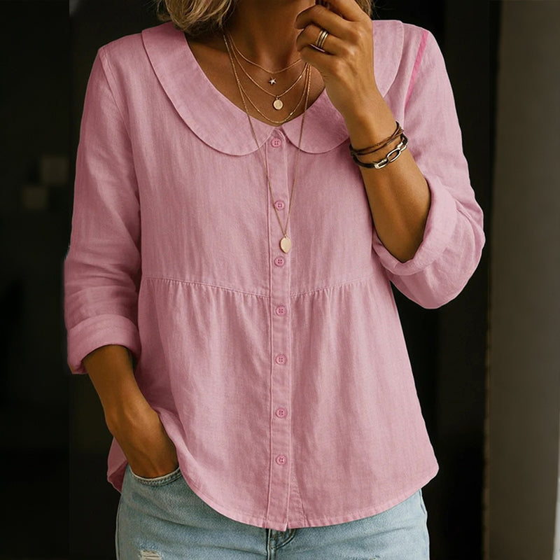 Cardydony Women's Solid Color Cotton Linen Button-up Top