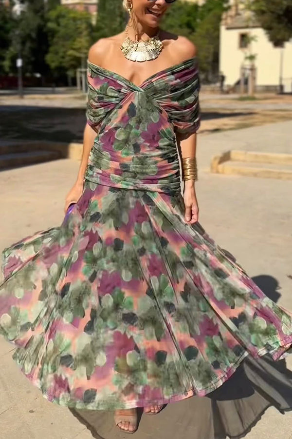 Cardydony Women's Unique Printed V-Neck Waisted Mesh Holiday Maxi Dress