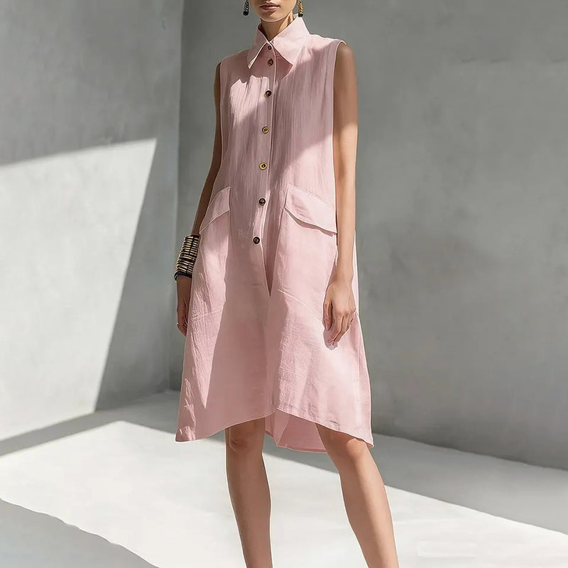 Cardydony Casual Loose-fit Linen Sleeveless Shirt Dress