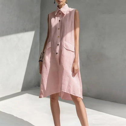 Cardydony Casual Loose-fit Linen Sleeveless Shirt Dress