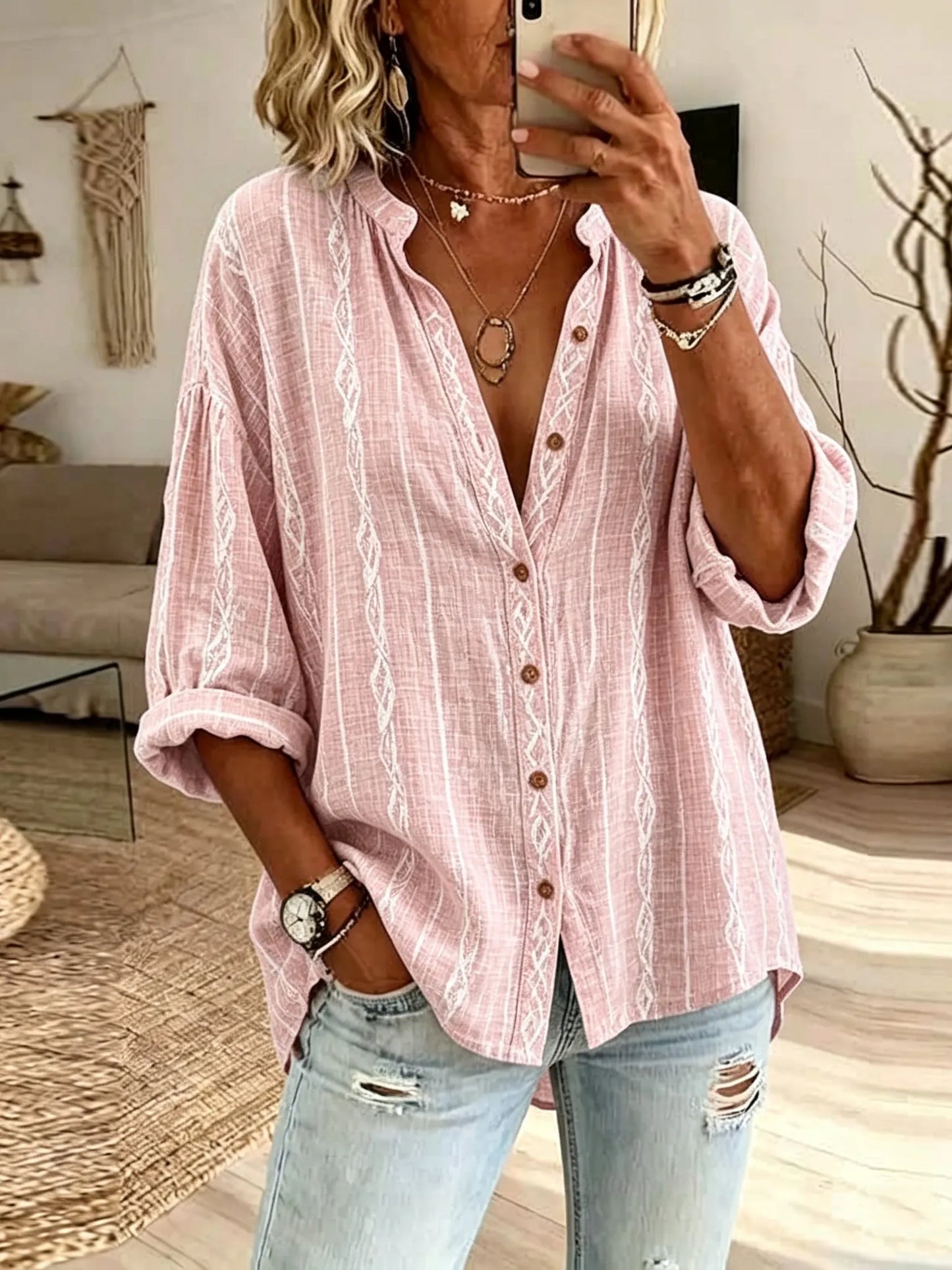 Cardydony Women's Simple Striped Art Print Casual Long-sleeve Shirt