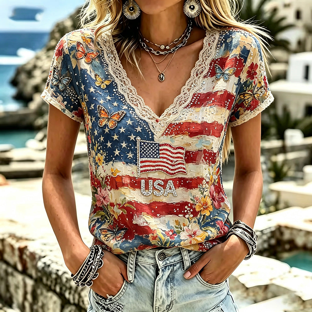 Cardydony Women's Independence Day Anniversary Flag Art Comfortable Cotton Linen V-neck Short Sleeve Top