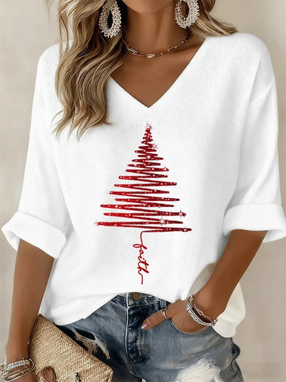 Cardydony Women's Festive Christmas Tree Print Relaxed Fit V-neck Three Quarter Sleeve T-shirt
