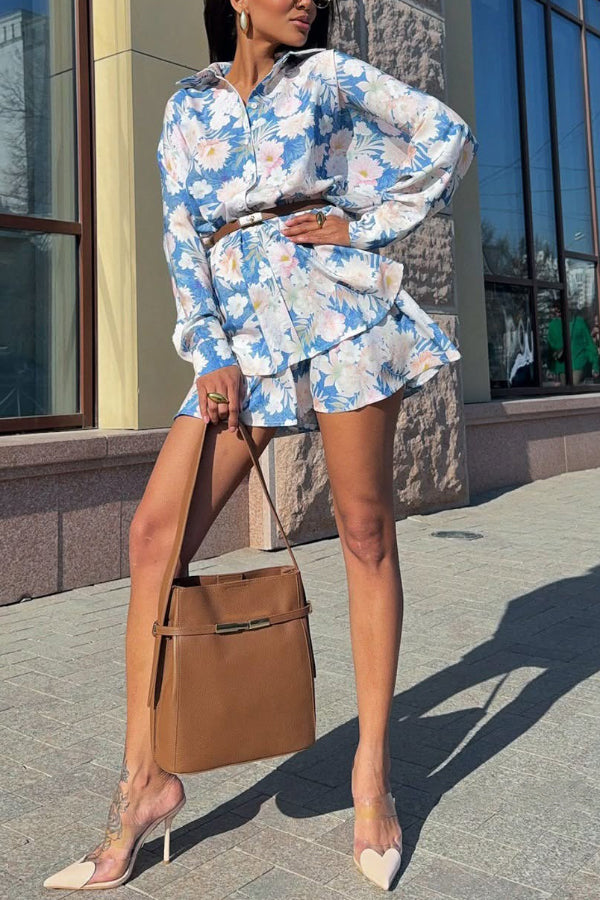 Cardydony Women's Botanical Print Collared Long-sleeved Loose-fitting Shirt and Elastic Waist Casual Shorts Set