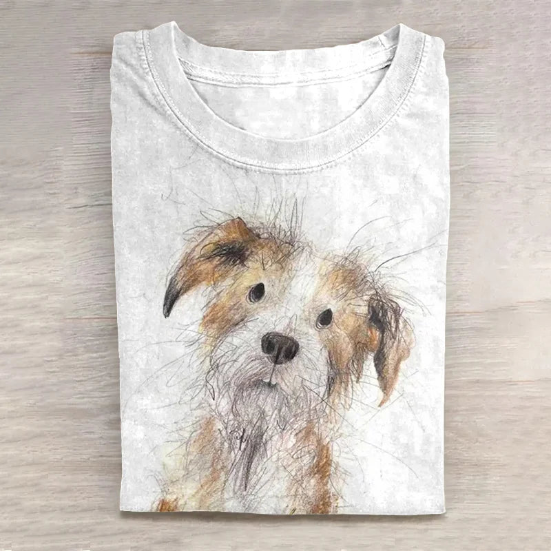 Cardydony Cute Dog Art Scrawled Puppy Print Casual Short Sleeve T-Shirt