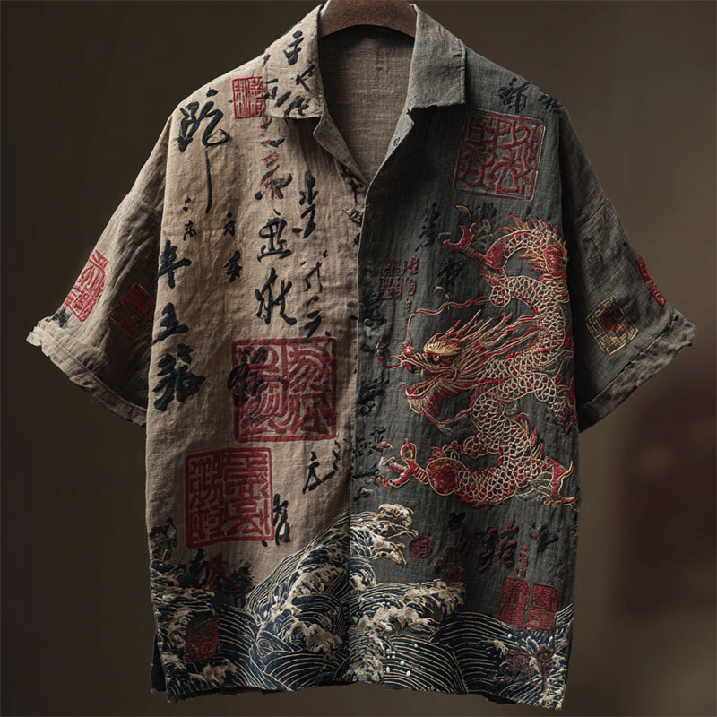 Cardydony Men's Japanese Dragon Sea Waves Calligraphy Contrast Linen Shirt