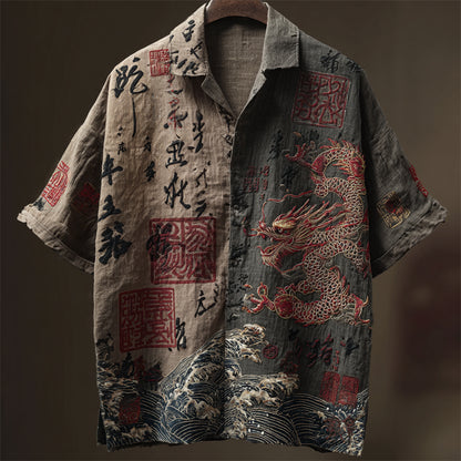 Cardydony Men's Japanese Dragon Sea Waves Calligraphy Contrast Linen Shirt