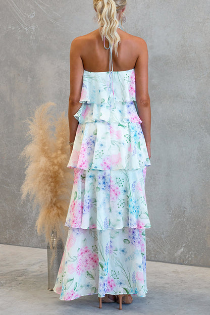 Cardydony Women's Poetic Eden Chiffon Floral Print Tiered Ruffles Halter A-line Maxi Dress
