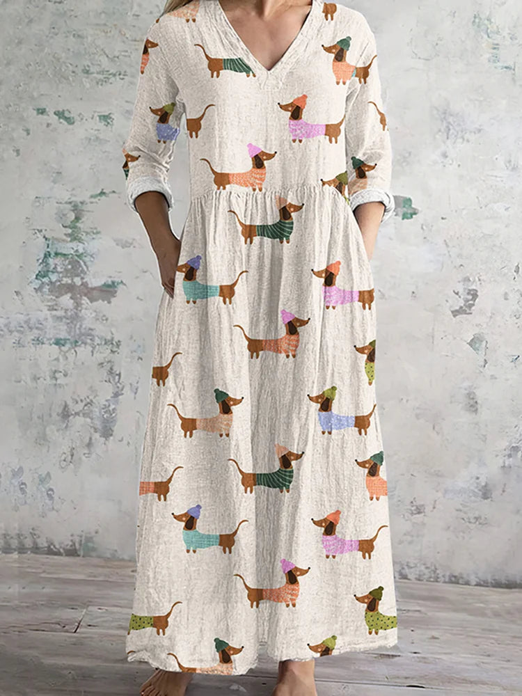 Cardydony Retro Cute Dachshund Dog Art Women's Linen Dress