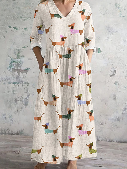 Cardydony Retro Cute Dachshund Dog Art Women's Linen Dress