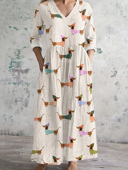 Cardydony Retro Cute Dachshund Dog Art Women's Linen Dress