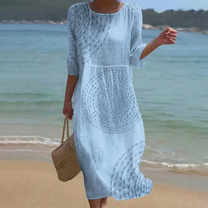 Cardydony Vintage Patchwork Art Pattern Linen Blend Loose Three-quarter Sleeve Dress