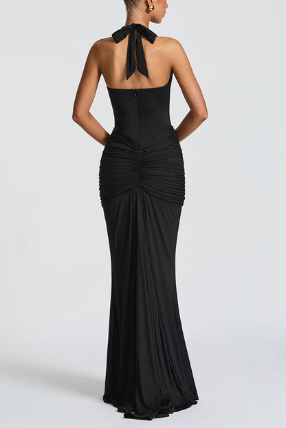 Cardydony Women's Solid Color Elegant Halterneck V-neck Open Back Tie Gathered Maxi Dress