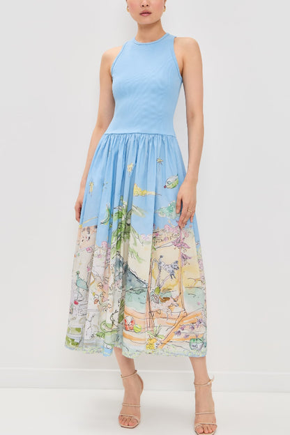 Cardydony Women's Ink Wash Print Round Neck Sleeveless Resort-style Midi Dress