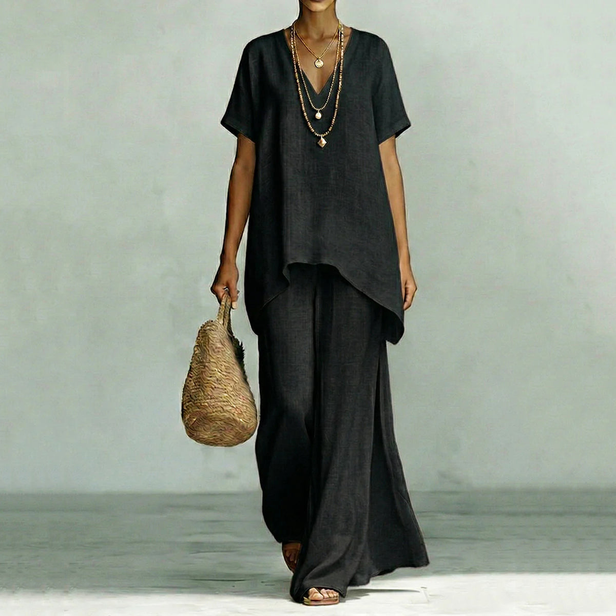 Cardydony Linen V-neck Short-sleeved Loose Top And Wide-leg Pants Two-piece Set