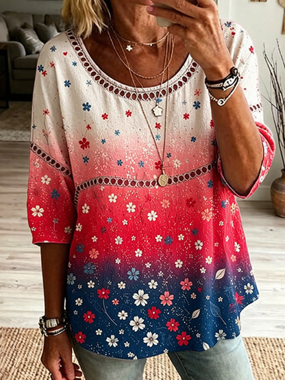 Cardydony Women's Independence Day And Floral Art Flowy Linen Blend Three Quarter Sleeves T-shirt