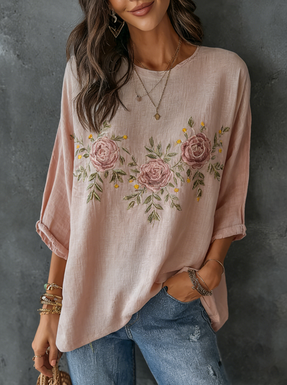 Cardydony Retro Rose Embroidery Pattern Linen Long Sleeve Tops