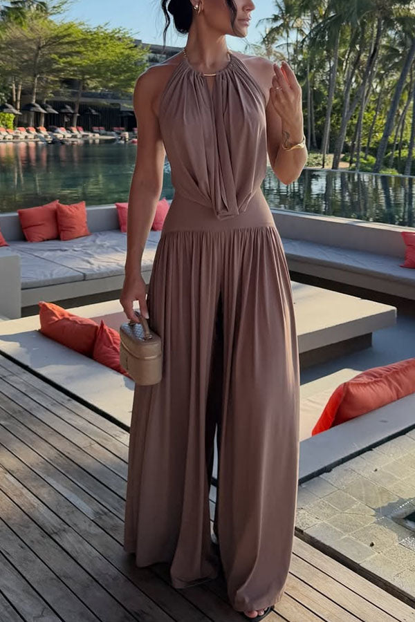 Cardydony Women's Lightweight Chic Metal Ring Drape Cowl Halter Neck Bodysuit and Elastic Waist Wide Leg Pants Set
