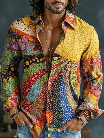Cardydony Men's Causal Spring Hippie Vibe Colorful Sun Collage Art Print Flowy Linen Blend Shirt