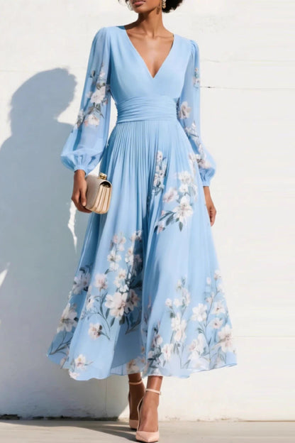 Cardydony Women's  Floral Print V-neck Long-sleeved Fitted Waist Casual Maxi Dress