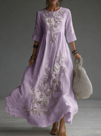 Cardydony Japanese Floral Art Embroidered Casual Linen Maxi Dress
