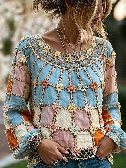 Cardydony Women's Bohemian Chrysanthemum Patchwork Comfortable Long-sleeve T-shirt