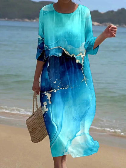 Cardydony Women's Marble Watercolor Art Pattern Linen Blend Loose Three-quarter Sleeve Dress