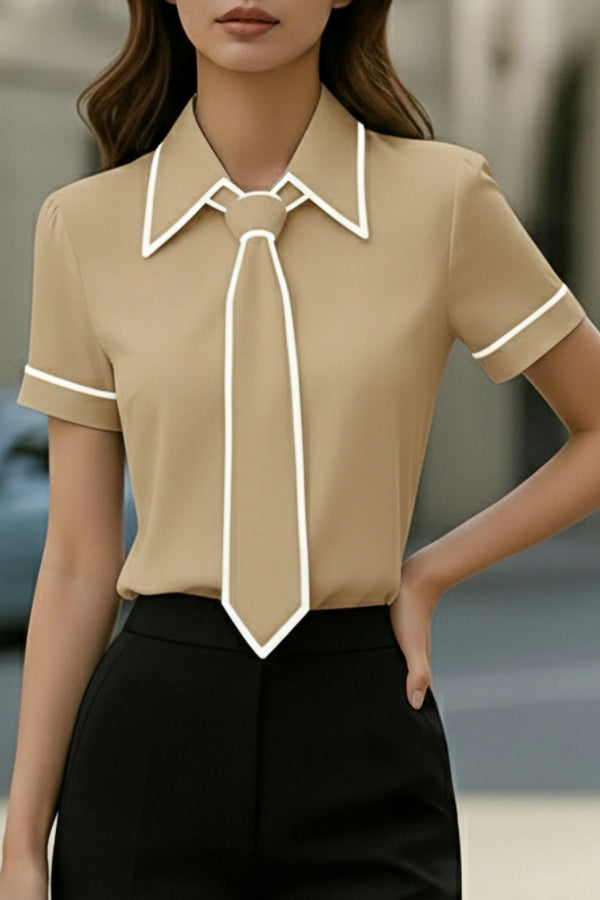 Cardydony Women's  Stylish Color-blocked Trim Collared Short-sleeved Casual Shirt
