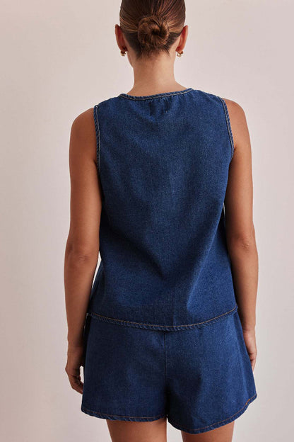Cardydony Women's  Stylish Sleeveless Round Neck Tie-up Casual Denim Vest