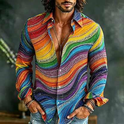 Cardydony Men's Hippie Color-block And Rhinestone Art Print Casual Long-sleeve Shirt