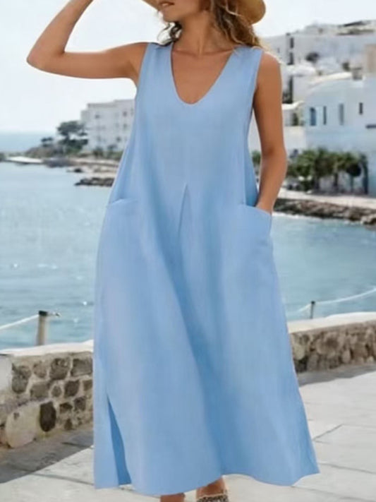 Cardydony Women's Solid Color U-neck Sleeveless Pocket Slit Vest Midi Dress